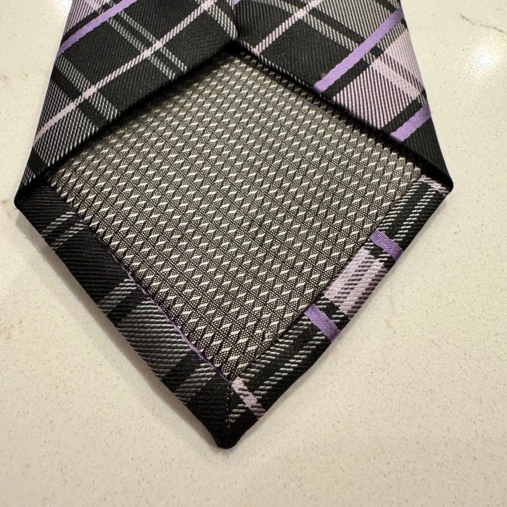 Bergamo New York Mens Plaid Necktie Purple Black Grey Hand Made Polyester Tie